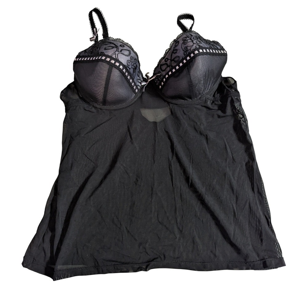 Black Sheer Mesh Lace Trim Corset Babydoll Chemise Lingerie‎ Top